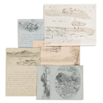 (CHINA -- FOOCHOW / FUZHOU.) Small archive comprising a manuscript map and four pencil sketches